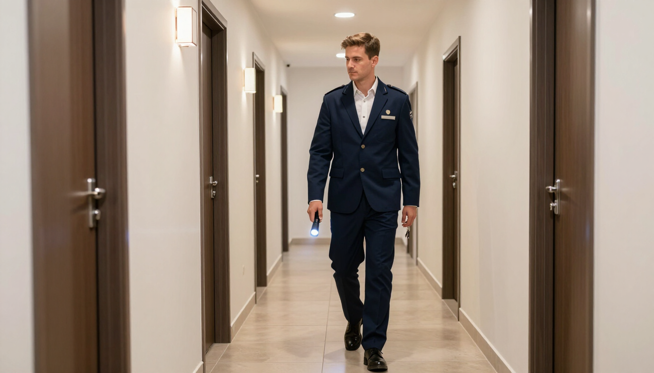 Hombre con traje azul marino que camina por un pasillo luminoso llevando una botella de agua