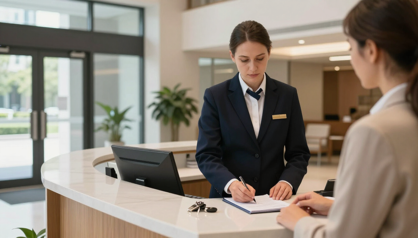 Recepcionista de hotel atendiendo a un huésped en una recepción moderna, con un portátil y documentos.