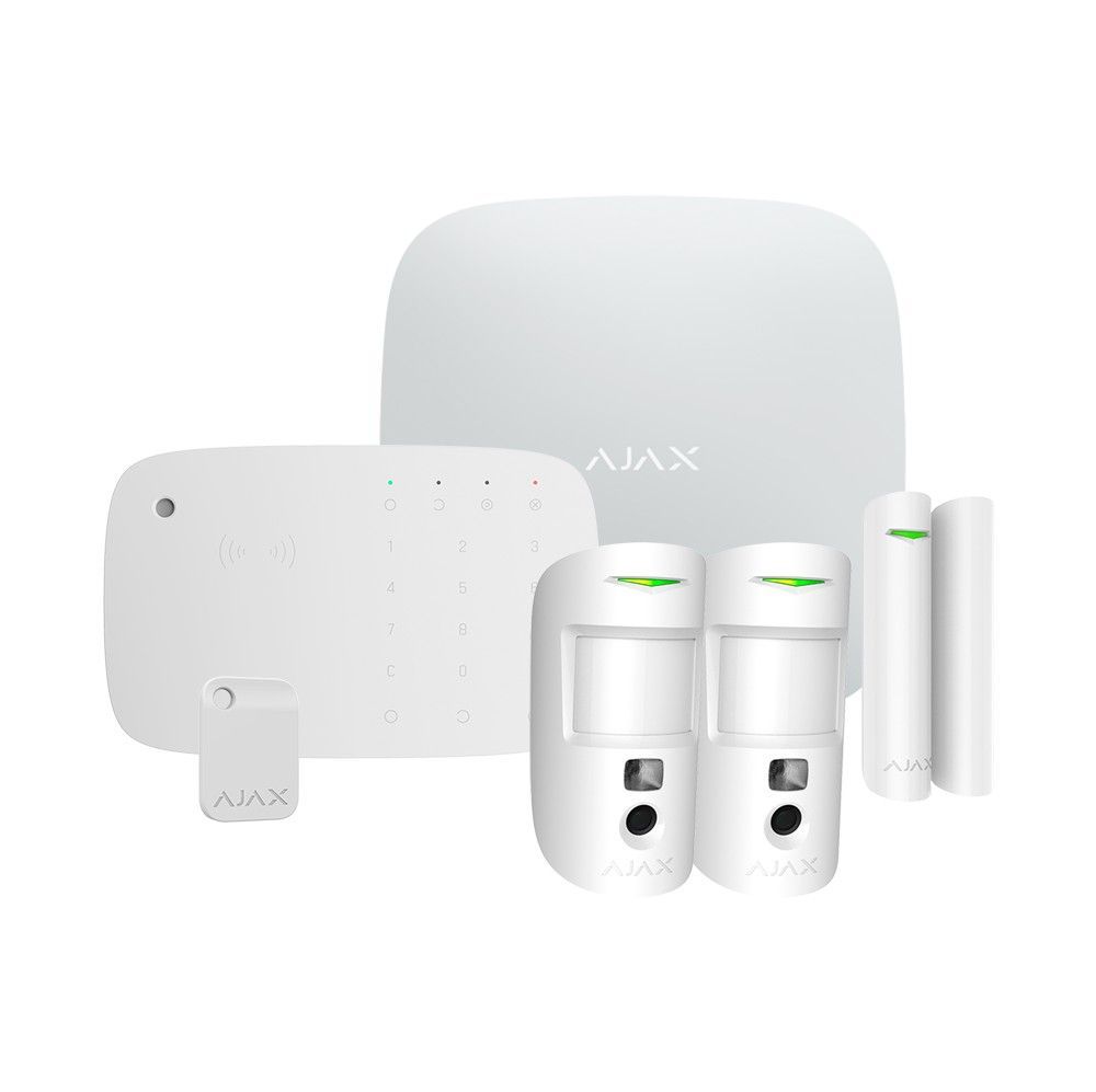 Kit de sistema de seguridad para el hogar AJAX con central, sensores de movimiento y sensores de puerta sobre fondo blanco