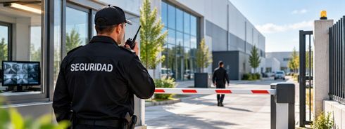Guardia de seguridad con uniforme negro en una entrada con barrera, junto a un edificio moderno, deteniendo la barrera.