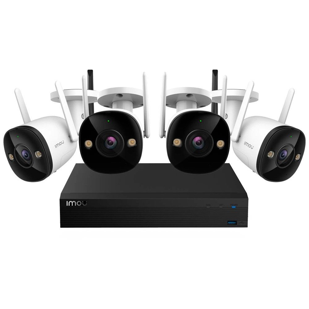 Kit de cámaras de seguridad Imou con cuatro cámaras exteriores blancas y un grabador DVR/NVR negro
