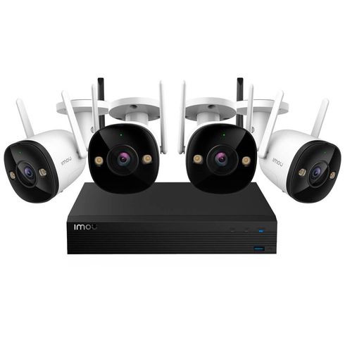 Kit de cámaras de seguridad Imou con cuatro cámaras exteriores blancas y un grabador DVR/NVR negro