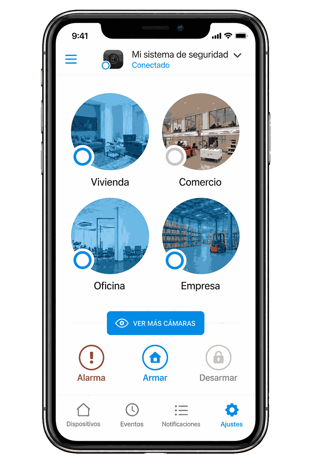 Pantalla de inicio de una aplicación móvil con botones circulares azules para Vivienda, Comercio, Oficina y Empresa.
