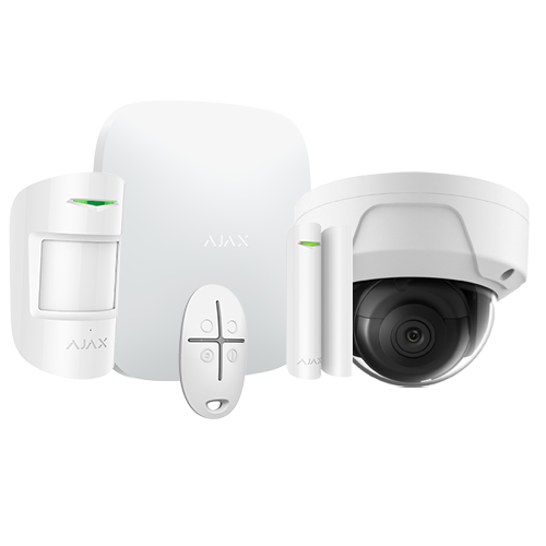 Sistema de seguridad para el hogar blanco con sensor de movimiento, panel de control, llavero y cámara domo
