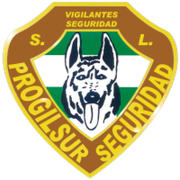 Emblema de seguridad amarillo y marrón con la cabeza de un perro y las palabras «Vigilantes Seguridad» y «Progilsur Seguridad»