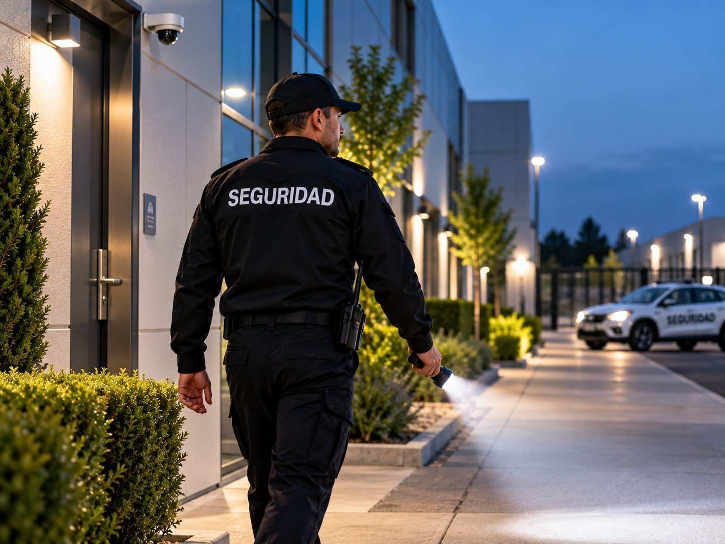 Un guardia de seguridad caminando junto a un edificio moderno al atardecer, con un coche patrulla al fondo.