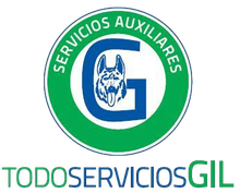 Logotipo verde y azul de Servicios Auxiliares con un perro y el texto «TODOSERVICIOSGIL».