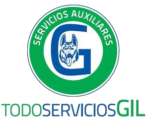 Logotipo verde y azul de Servicios Auxiliares con un perro y el texto «TODOSERVICIOSGIL».