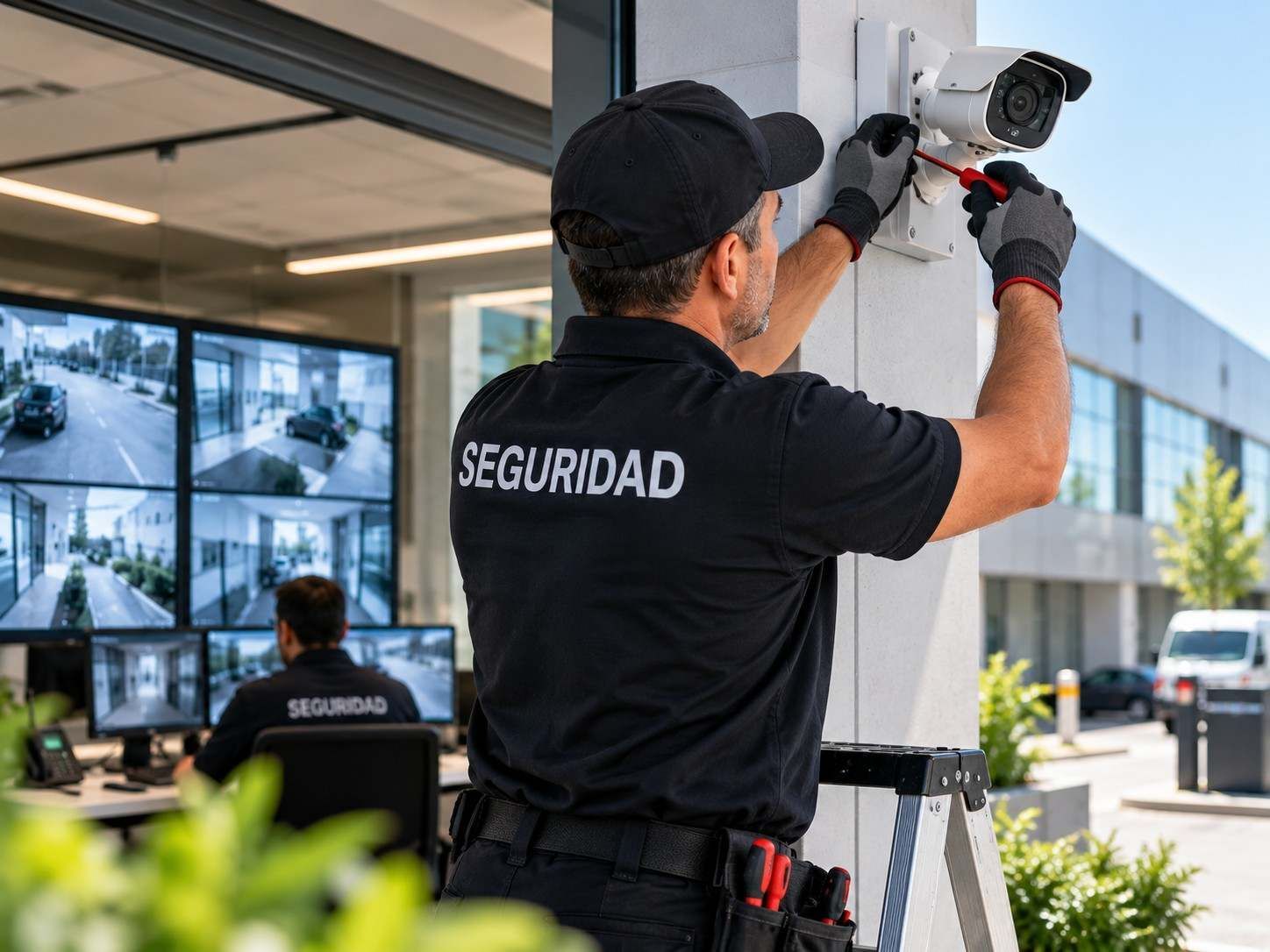 Un guard de seguridad con uniforme negro ajustando una cámara de videovigilancia en el exterior de un edificio moderno