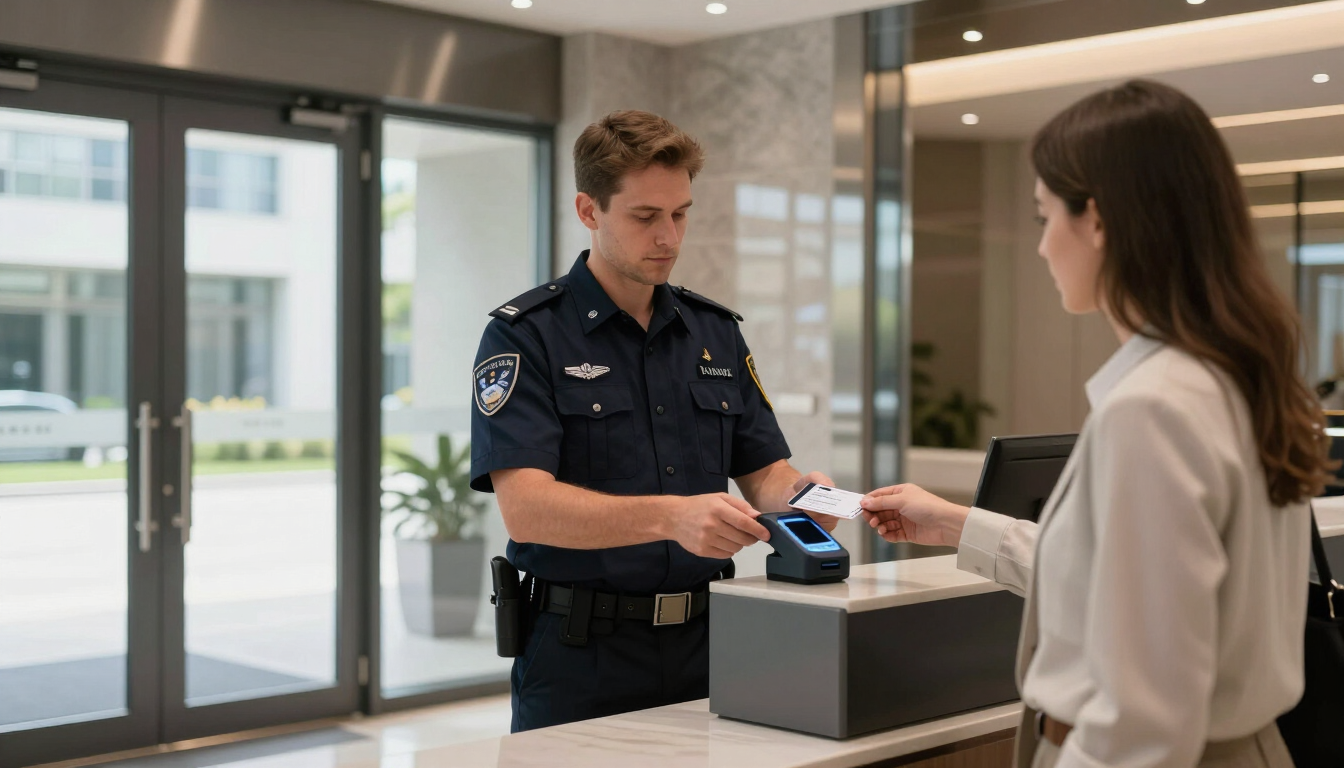 Un guard de seguridad escanea la tarjeta de un visitante en la recepción de un vestíbulo moderno.