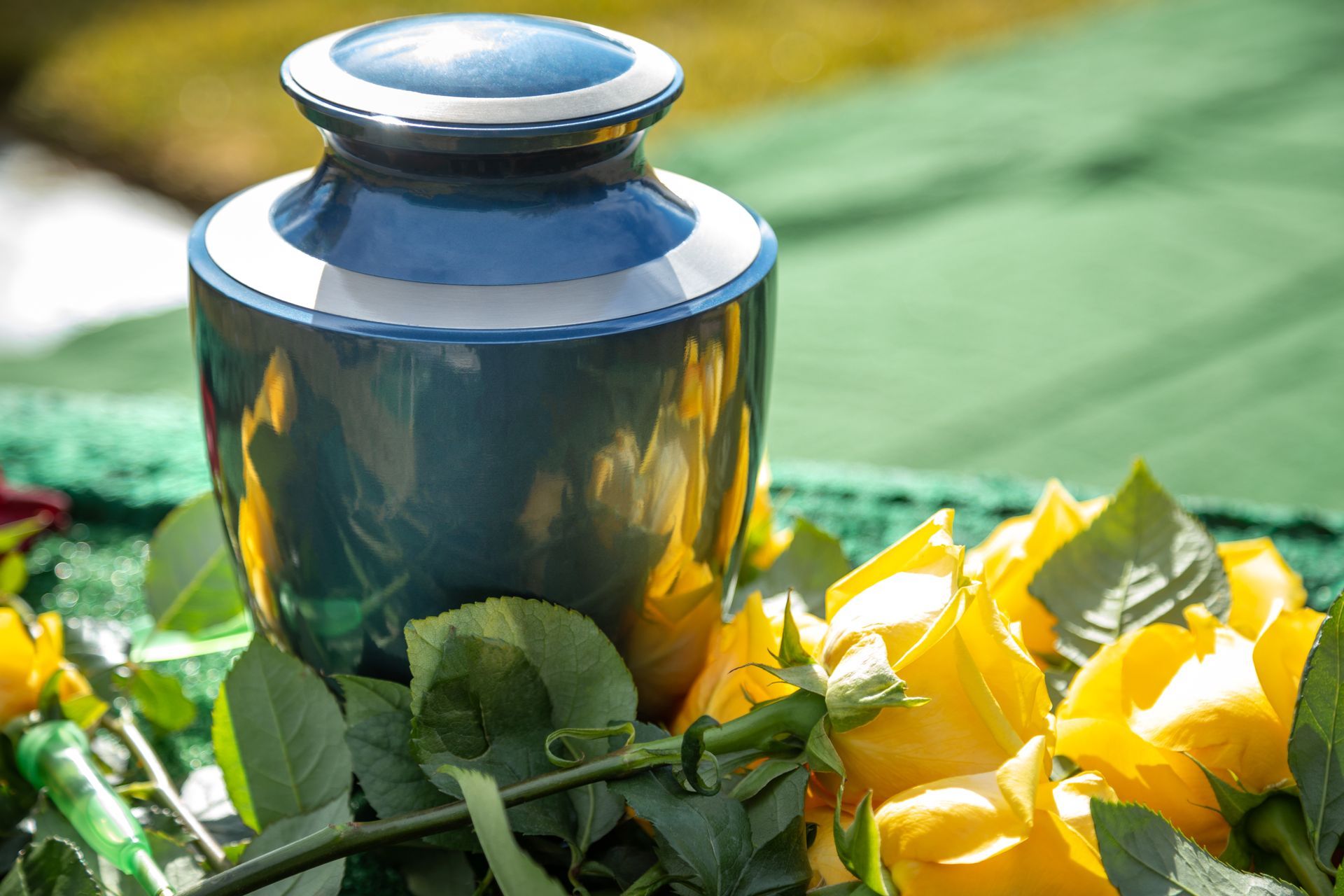 Urne en céramique bleue parmi des feuilles vertes et des fleurs jaunes sous un soleil éclatant