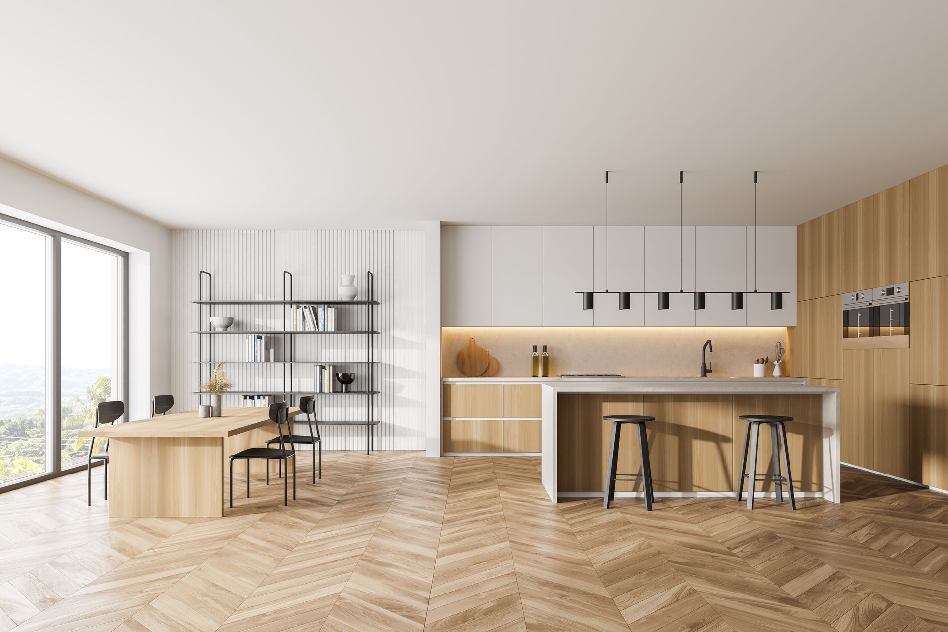 Cuisine et salle à manger modernes et minimalistes à aire ouverte avec plancher en bois clair, îlot, étagères et grandes fenêtres
