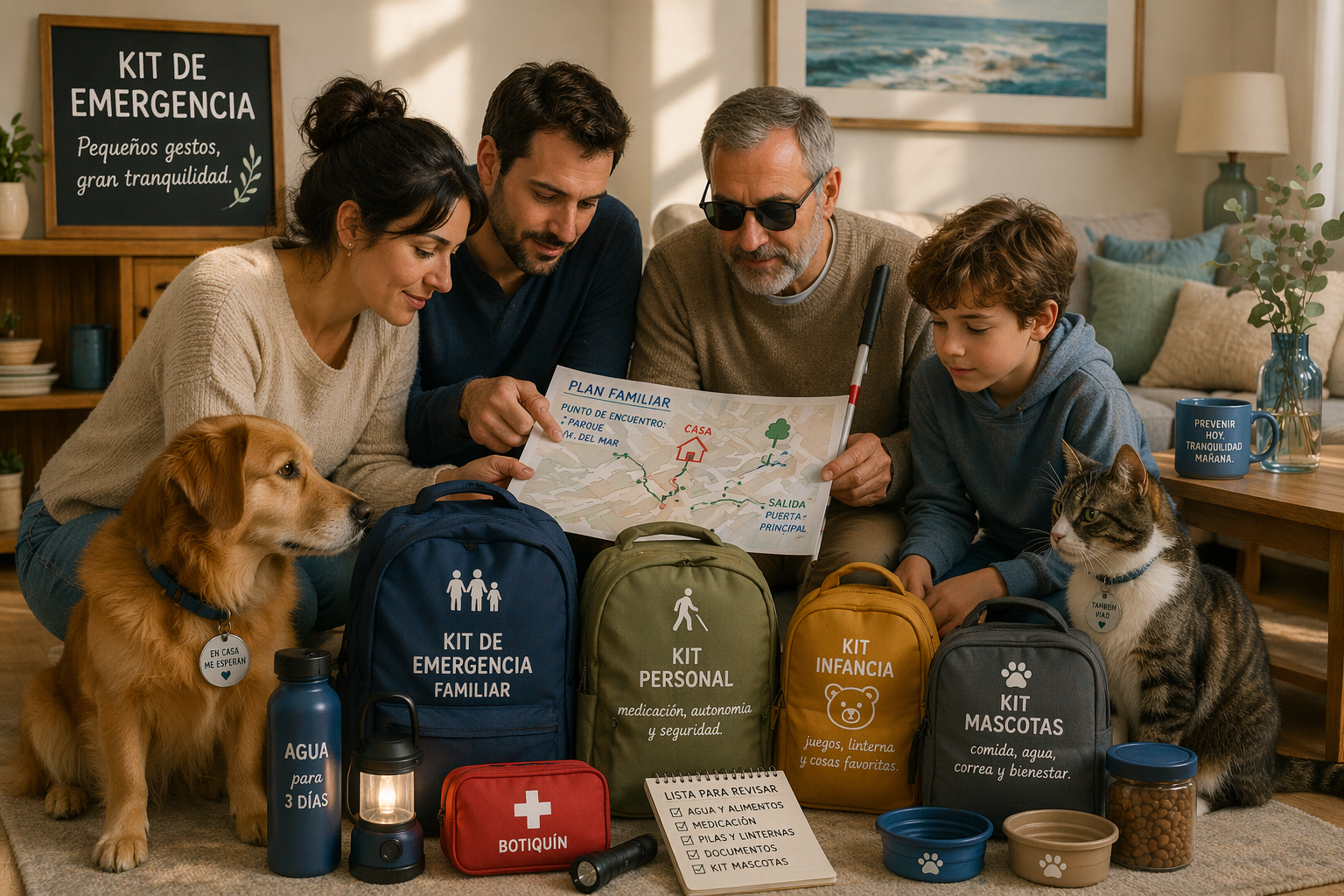 Familia multiespecie con su kit de emergencias listo