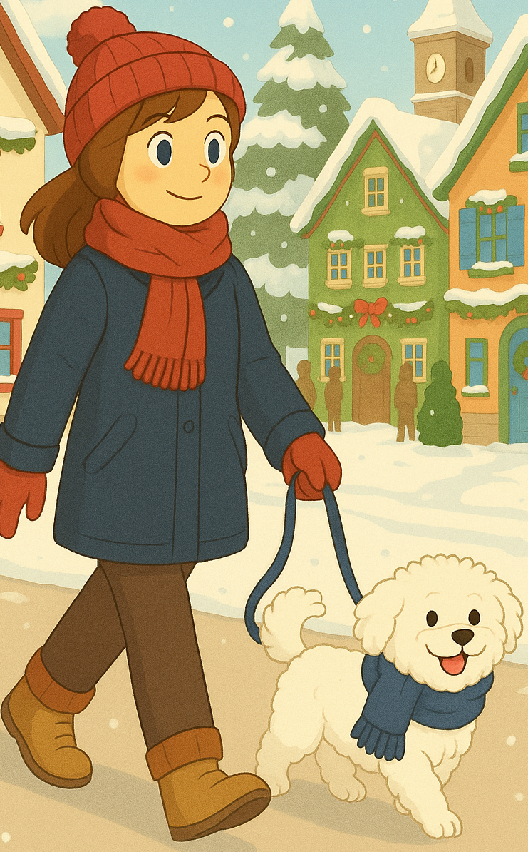 Ilustración de persona y perro en calle nevada