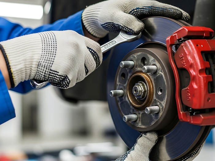 Des mains gantées utilisent une clé pour travailler sur un disque de frein de voiture avec un étrier rouge.