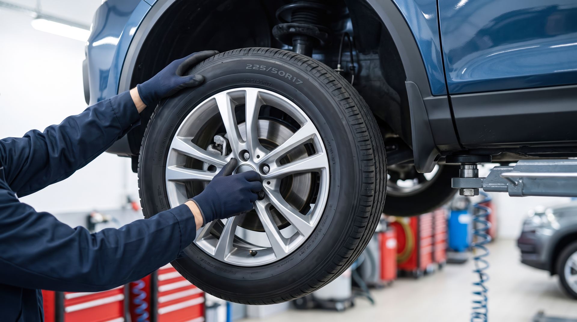 Un mécanicien inspecte un pneu et une roue de voiture dans un atelier de réparation automobile.