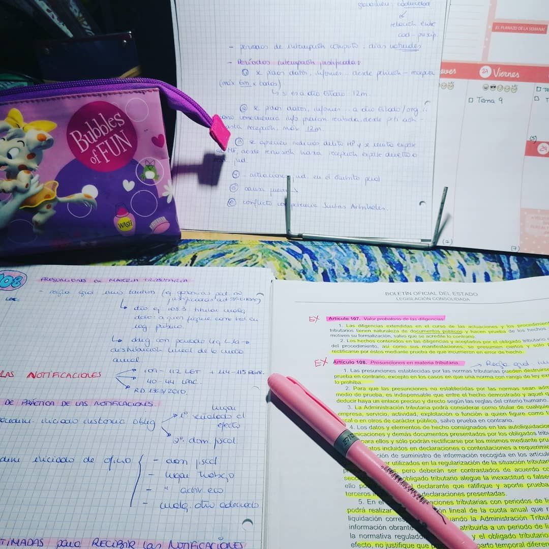 Material de estudio: cuadernos, apuntes, bolígrafo rosa, rotulador fluorescente, estuche, sobre una superficie estampada.