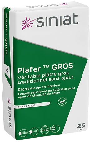 Sac de plâtre Plafer GROS de Siniat, emballage vert et blanc, 25 kg.