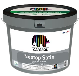 Seau de peinture grise étiquetée CAPAROL Néotop Satin. Contient un logo d'éléphant coloré et des informations sur le produit.