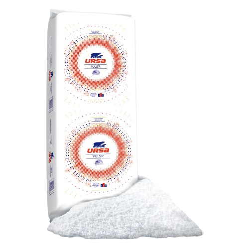 Sac blanc de granulés isolants URSA PUREX avec un tas de granulés devant.