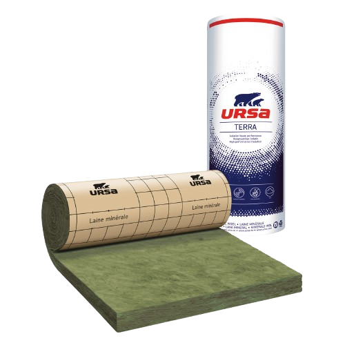 Un rouleau d'isolant vert se déroule à côté d'un conteneur cylindrique portant la marque URSA TERRA.