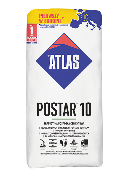 Sac de ciment Atlas Postar 10. Logo bleu sur sac blanc ; texte et icônes décrivant l’utilisation du produit.