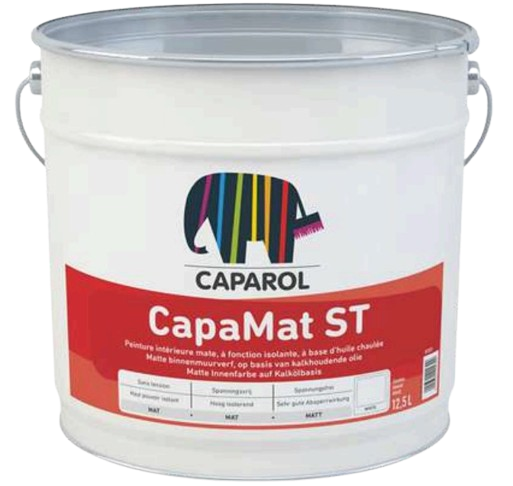 Seau de peinture Caparol blanc avec logo coloré et étiquette rouge, 12,5 L.