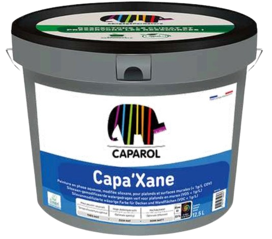 Un seau de peinture gris étiqueté CAPAROL Capa'Xane avec un logo d'éléphant.