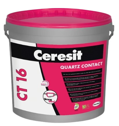 Seau gris de Ceresit CT 16 Quartz Contact, avec étiquette rose et noire.