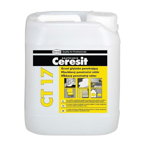 Apprêt Ceresit CT17 en flacon blanc avec étiquette jaune, à usage professionnel.