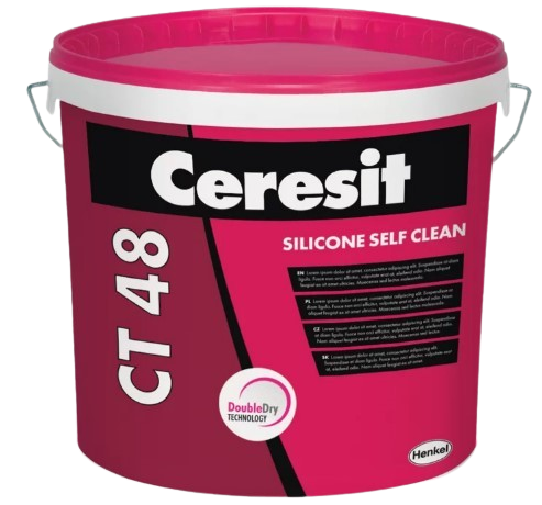 Seau rose de peinture autonettoyante silicone Ceresit CT 48.