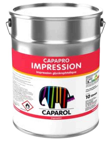 Pot de peinture Caparol avec bande rouge, texte, logo éléphant coloré et symboles de sécurité.