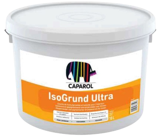 Seau blanc de peinture Caparol IsoGrund Ultra, avec logo et étiquette orange.