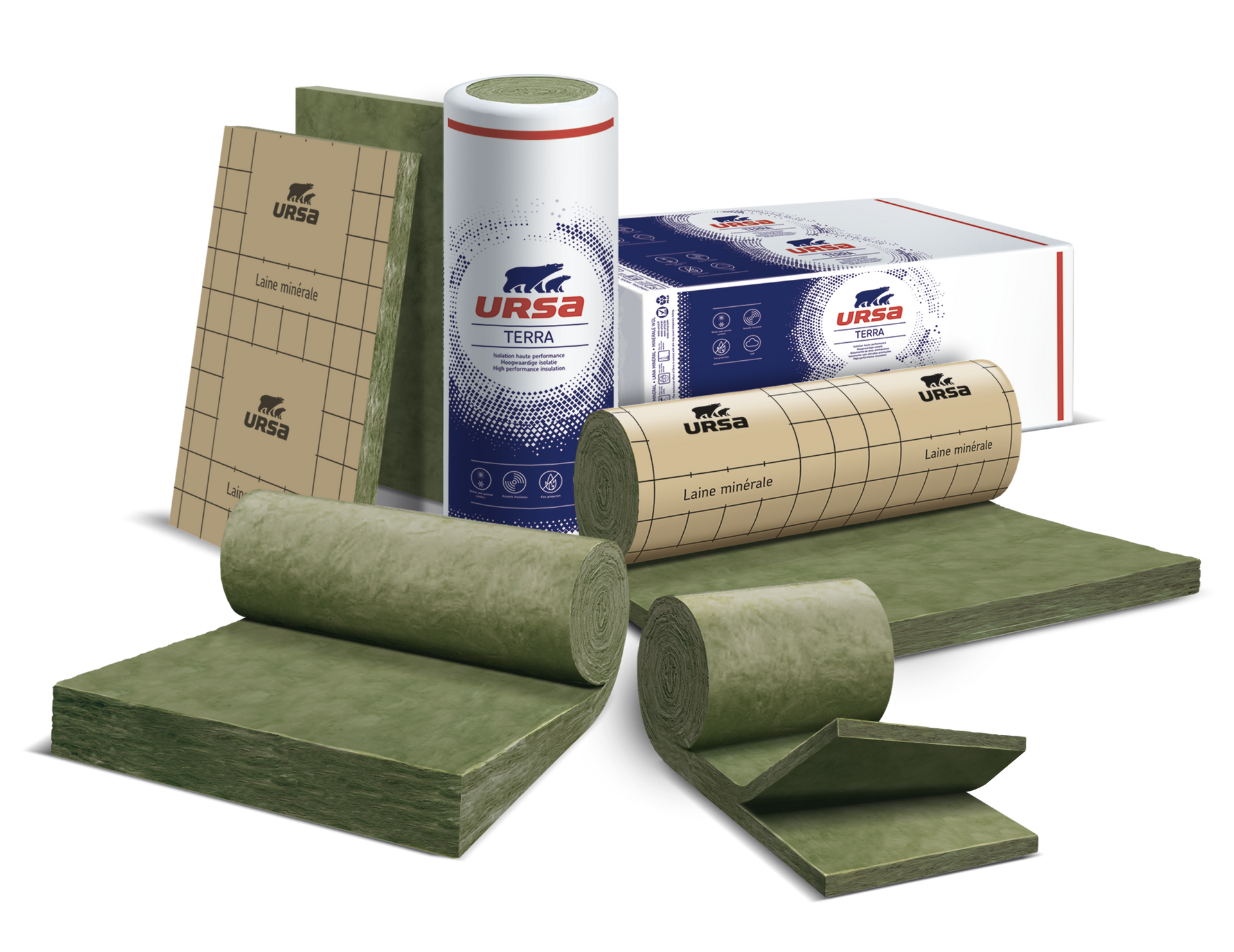 Rouleaux d'isolant emballés dans du papier jaune.