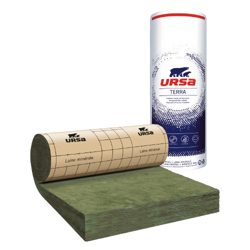 Rouleau d'isolant vert et emballage cylindrique étiqueté URSA Terra.