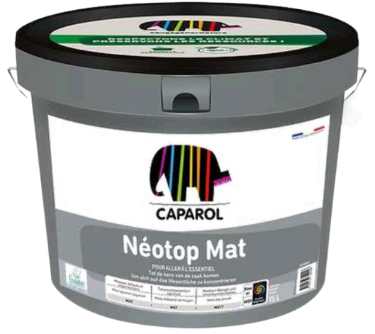 Seau gris de peinture Caparol Néotop Mat avec le logo de la marque (éléphant) et un couvercle vert et noir.