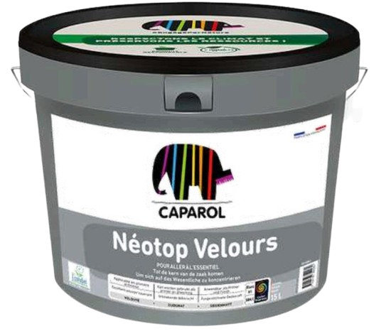 Seau de peinture gris avec étiquette Caparol Néotop Velours et logo éléphant coloré.