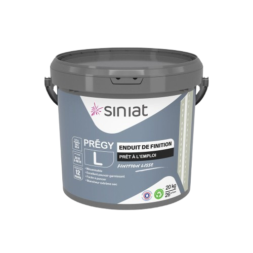 Seau gris de plâtre Prégy L de Siniat, avec étiquettes d'information produit.