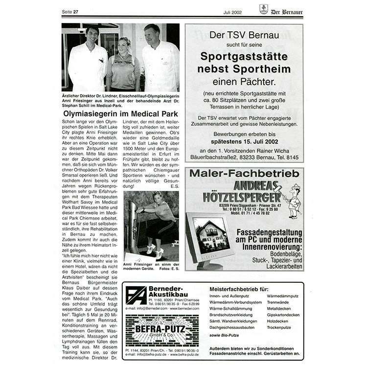 Zeitungsartikel Olympiasiegerin im Medical Park