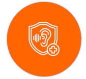 Un escudo con una oreja y una cruz dentro de un círculo naranja.
