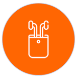 Un icono de un par de auriculares en un círculo naranja.