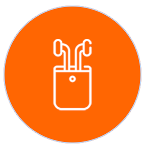 Un icono de un par de auriculares en un círculo naranja.