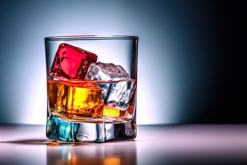 Un vaso de whisky con cubitos de hielo sobre una mesa.
