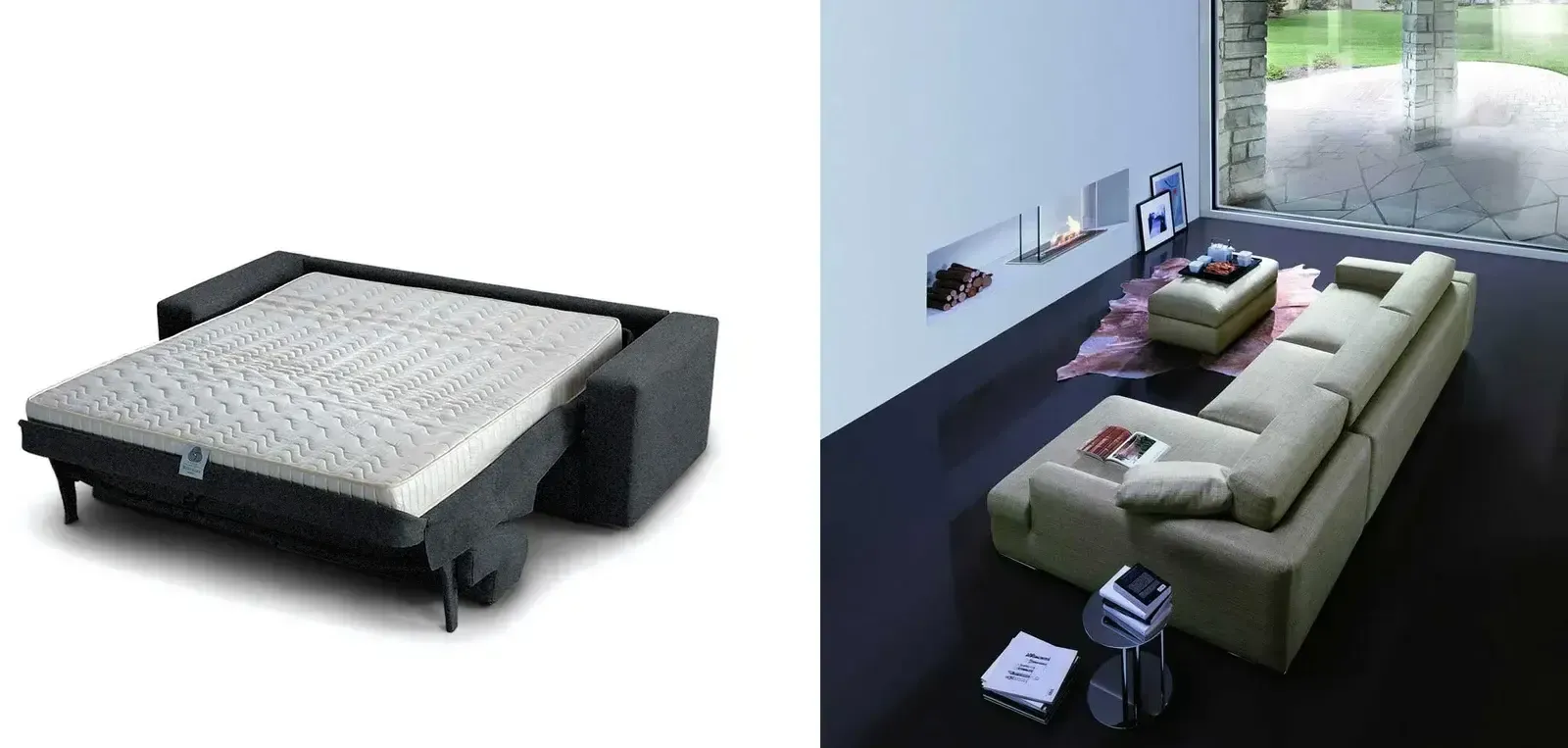 Ein Bild von einem Bett und ein Bild von einer Couch