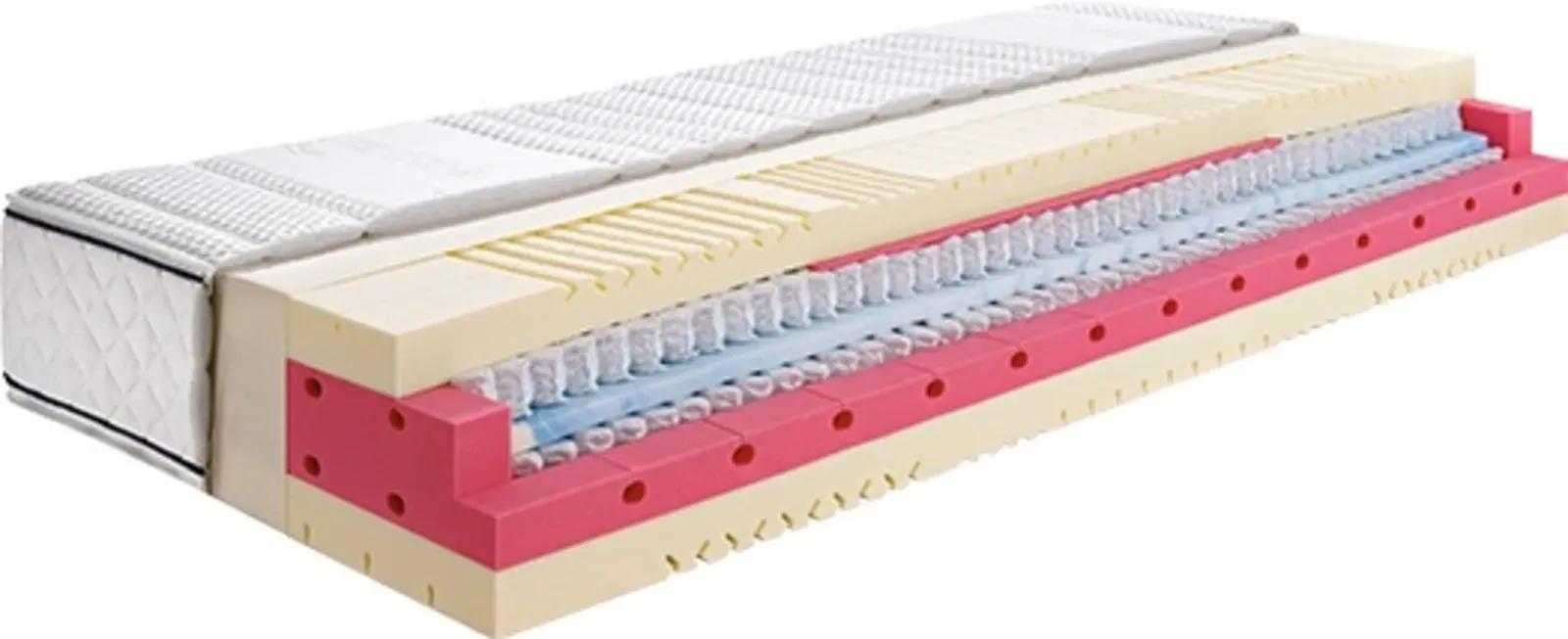 Eine Matratze ist in zwei Hälften geschnitten und zeigt die Innenseite der Matratze.