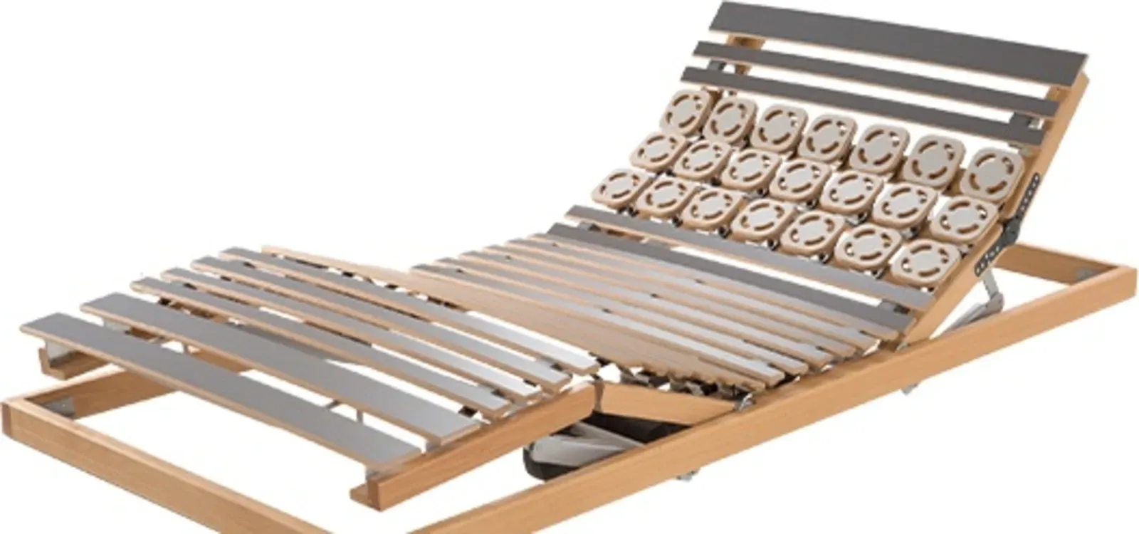 Ein verstellbarer Bettrahmen aus Holz und Metall auf weißem Hintergrund.