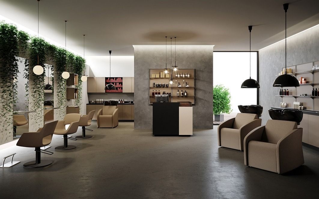 Una representación de una peluquería con sillas y lavabos.