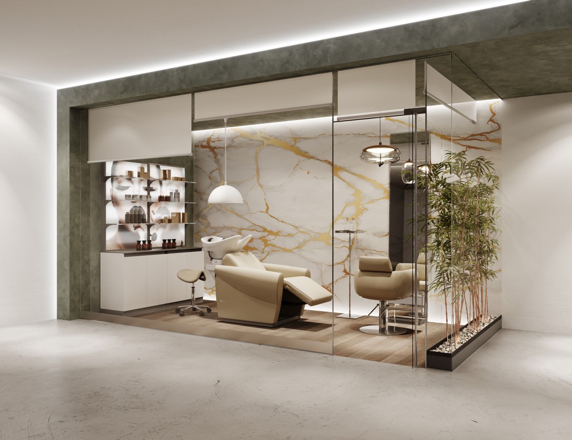 Una representación 3D de una peluquería con una silla y un lavabo.