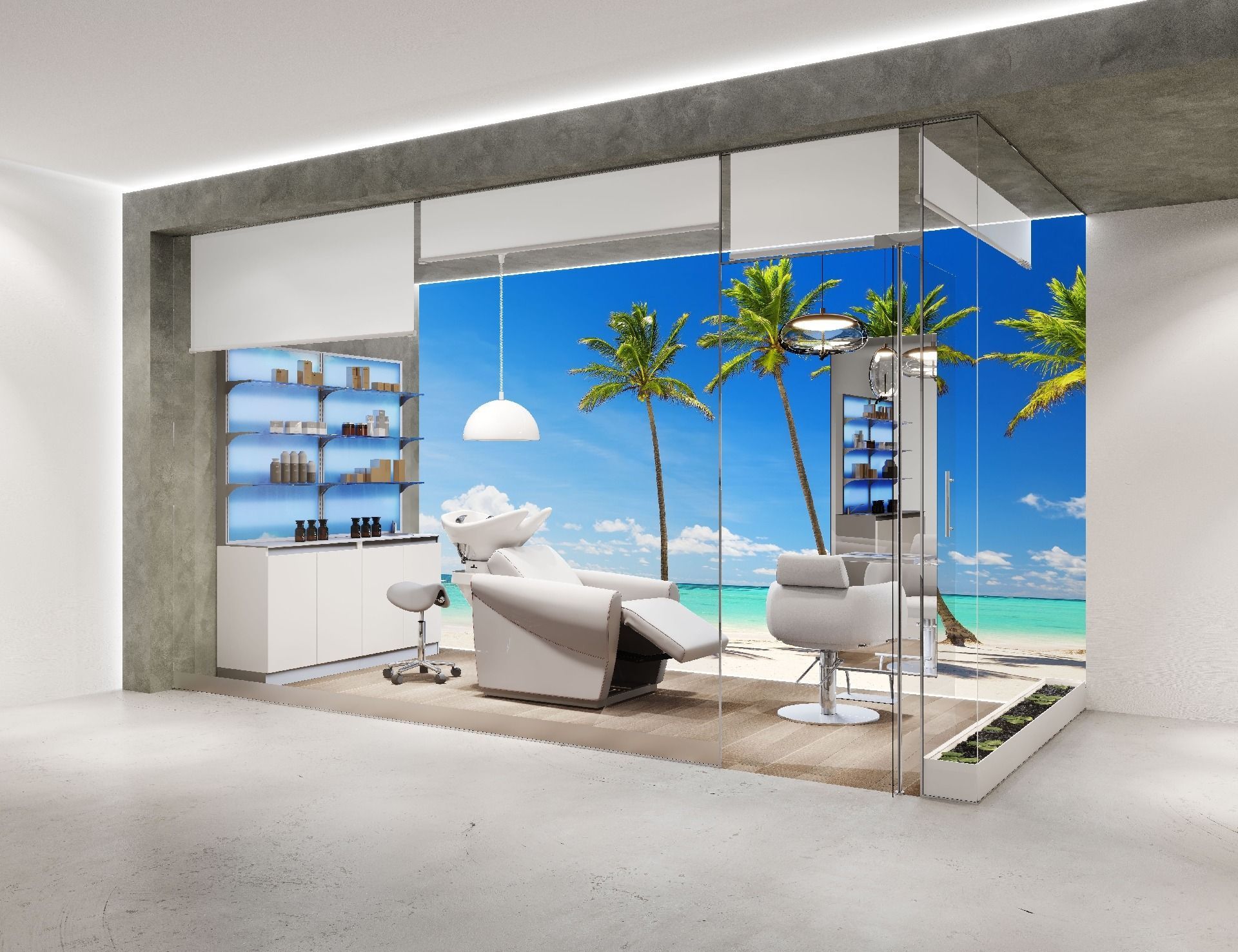 Un salón con una imagen de una playa en la pared.