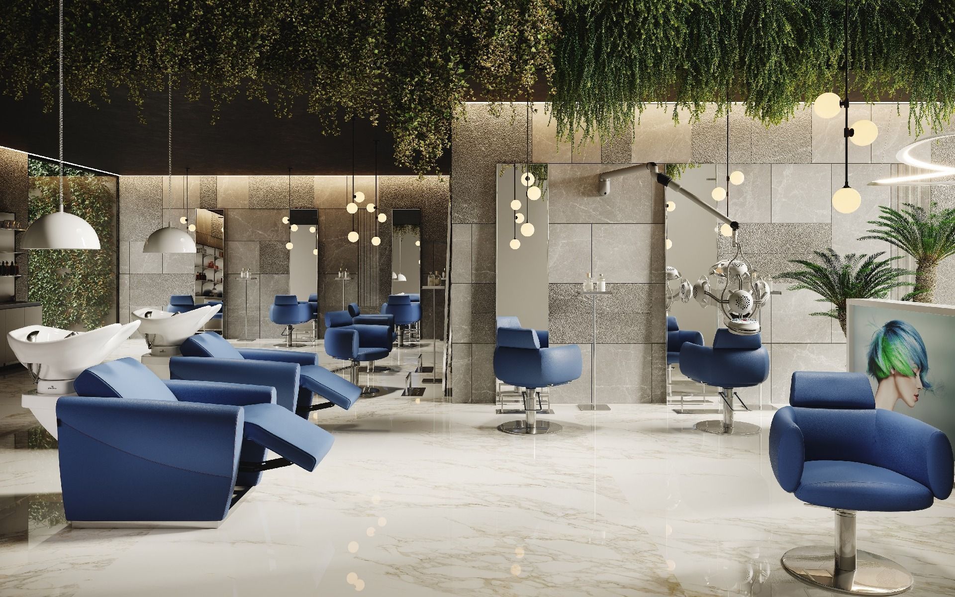 Una representación de una peluquería con sillas azules y plantas colgando del techo.